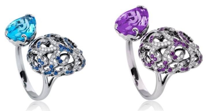 Whispering Blue Topaz Doublet Ring (left) & Whispering Purple Amethyst Doublet Ring (right)