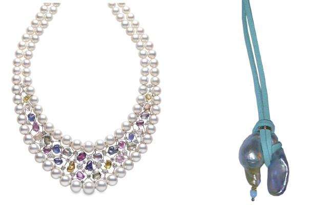 Left: Sumptuous pearl and gemstone necklace by Yoko London. Right: Baroque pearl on a cord by Jane A. Gordon.