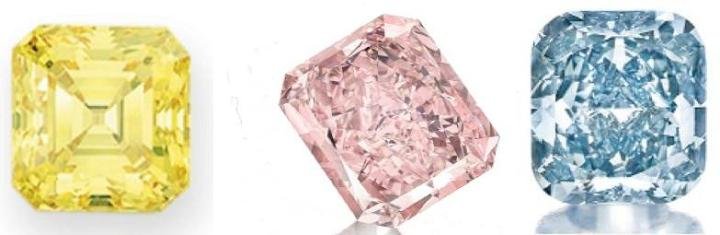 A Square-­‐Cut Fancy Vivid Yellow Diamond of 5.13 carats, A Rectangular-­‐Cut Fancy Intense Pink Diamond Ring of 8.77 carats, A Cushion-­‐Cut Fancy Vivid Blue Diamond Ring of 3.81 carats