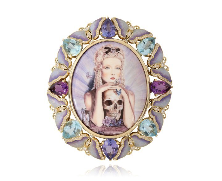 Memento Mori portrait ring, 2018, enamel portrait and butterflies, tanzanite, amethyst, aquamarine, 18k yellow gold. Illustration by Natalie Shau
