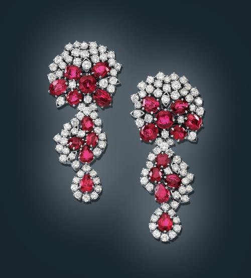 Brilliant and ruby pendant ear clips, rubies total weight ca. 20 ct. 