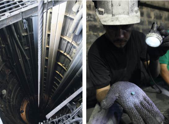 The Puerto Arturo winding shaft at the Muzo mines, depth of 150 meters; A Muzo miner finds a rough emerald (photos: Serge Sibert).
