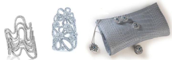 Left: Wave diamond ring by A.Link. Center: Luxurious diamond and gold ring by Coronet. Right: Combining the world of jewelry and accessories is this “Sky Flower Bag” by Orrana, in crocodile leather, accented with aquamarines, green beryl, and diamonds with matching ring, earrings and pendant.