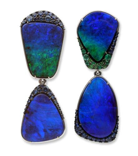 Stanislav Drokin - Earrings in white gold 750. Australian Boulder opals, emeralds, sapphires, tsavorites. Produced in a single copy.