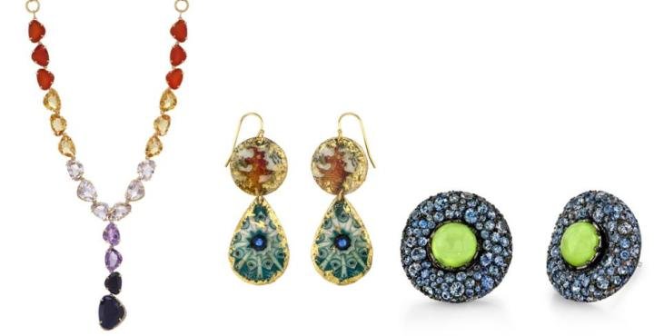 Left: Colorful “Marea Sunset” necklace by Vianna Brasil. Center: Enamel and gold earrings by Evocateur. Right: Blue and green combine harmoniously in this ring by Bhansali.