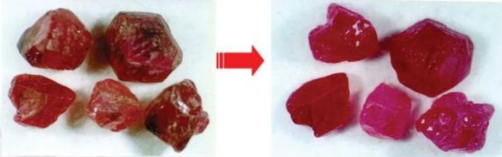 Examples of unheated rubies (left) and after heat treatment (right).