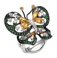 Delicate butterfly ring in gemstones, gold, and diamonds by Jye's International.