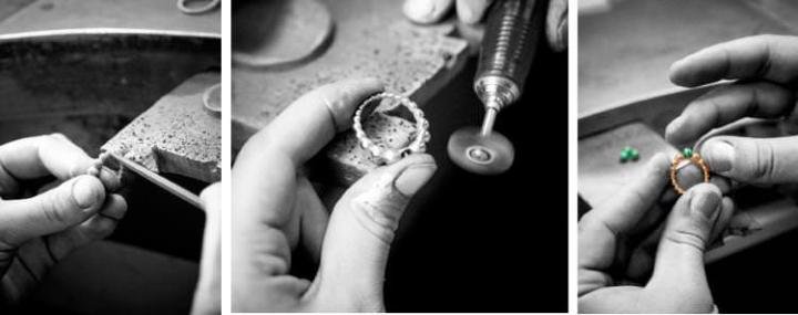 Jewelry work (left), Polishing (center), Positioning the stone (right).