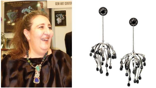Helen Sarras-Herman wears a large multi-gemstone pendant at the AGTA Design Pavilion (left). Black diamond earrings by AGTA Design Pavilion exhibitor Brenda Smith (right).