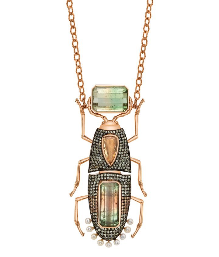 Kore Necklace made in 18k pink gold with bicolour tourmalines, powerful imperial topaz, peach and pistachio sapphires with pearls