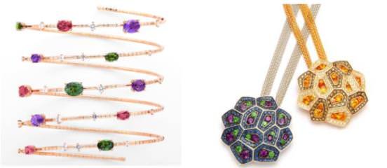 Rugiada collection by Mattia Cielo, Colourful gemstone and 18K gold pendants by Rodney Rayner.