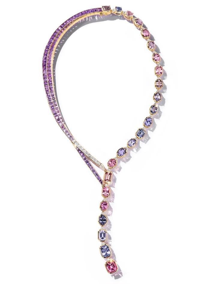 Necklace inspired by a bird's tail feathers displays spinels and purple sapphires totaling over 81 and 39 carats respectively
