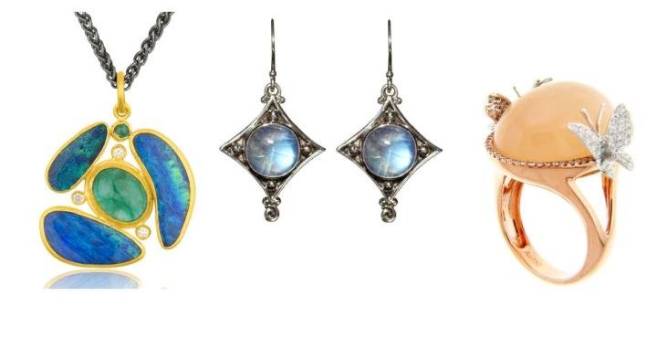 Left: Striking pendant in opal, diamonds, and gold by Lika Behar. Center: Rainbow moonstone and silver earrings by Bluemoonstone Creations. Right: Moonstone, gold, and diamond butterfly ring by Michael John Jewelry.