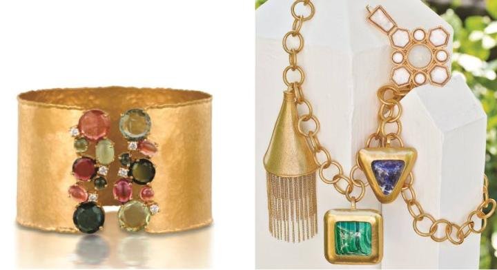 Left: Bold, wide cuff in gold, tourmalines, and diamonds by H.Weiss. Right: A new twist on tassels as charms in this colorful piece by Stephanie Kantis.