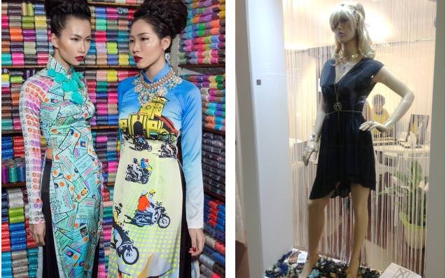 Left: Colourful fashion by Nguyen Cong Tri (Vietnam). A leading Vietnamese couturier, Cong Tri re-creates Vietnamese fashion using traditional techniques, modern motifs, and complex materials. His haute couture Collection #6 debuted at London Fashion Week (2013) as part of the International Fashion Showcase. He mentors young designers in hopes of building a viable fashion industry in Vietnam Right: A variety of fashion-forward jewellery in gold and gems designed by Gabriela Rigamonti (Italy). Thinking outside the norm, Gabriela‘s pieces range from ancient tribalism to eccentric modernity. All her pieces are produced in Vicenza.
