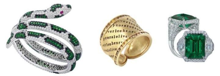 Diamond and gemstone snake bracelet, co-winner of the Diamond Fashion category, by Roberto Coin (left). Gold and diamond ring, winner of the Gold category, by Heather B. Moore (center). Emerald and diamond rings, co-winner of the Coloured Stone Classic category, by Jewels by Star (right).