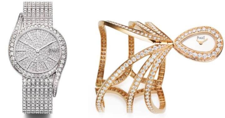 Piaget, Limelight Gala: 32-mm 18K white gold case set with 62 brilliant-cut diamonds; dial set with 228 brilliant-cut diamonds with white gold indexes; Piaget 690P quartz movement; bracelet and integrated clasp set with 451 brilliant-cut diamonds & Piaget, Couture Précieuse high jewellery cuff watch; rose gold case set with 297 brilliant-cut diamonds, silvered dial; Piaget 56P quartz movement.