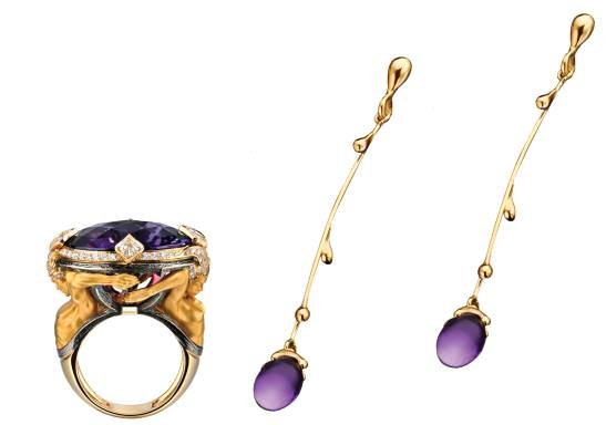 Gemstone, diamond, and gold ring by Magerit(left). Amethyst and gold earrings by Nanis (right)