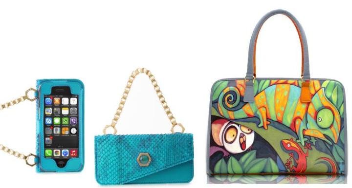 Left: Combination smart phone case and micro-clutch by Touscé (Italy), a creator of transformable jewellery and accessories handcrafted in Italy in a variety of colours and fine materials Right: Colourful leather handbag by Venetus (Italy). Created by Franco Gonzato and Gigliola Trentin, Venetus is a dynamic company that constantly finds new sources of inspiration in nature, fairy tales, legends, fine arts, and the historical and cultural heritage of the Veneto Region.
