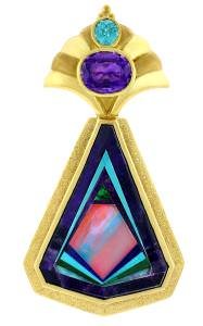 Pendant made of amethyst, zircon, and an Intarsia (33.61 ct) set in gold by Paula Crevoshay (AGTA).