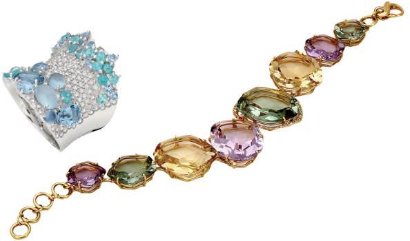 Diamond and gemstone ring by first-time Centurion exhibitor, Brumani (left). Gold and gemstone bracelet by first-time Centurion exhibitor, Vianna Brasil (right).