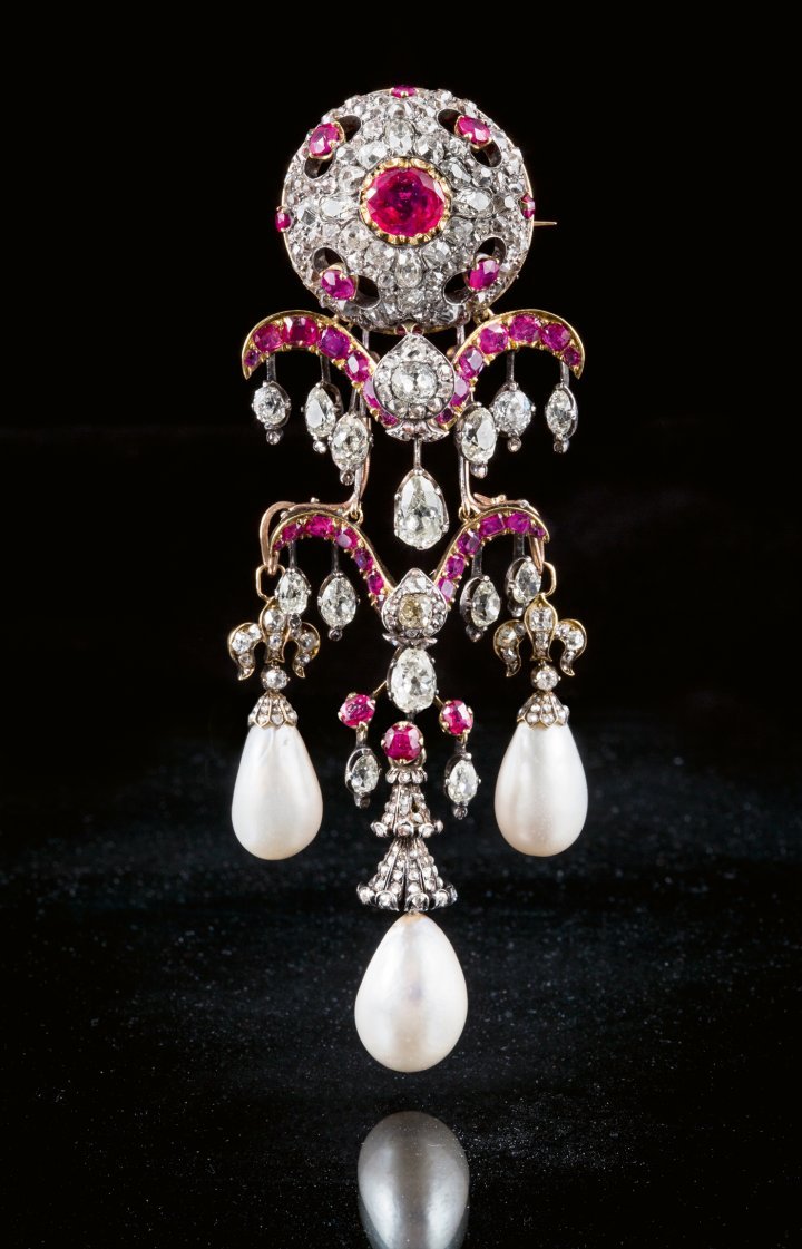 Brooch set with rubies, natural pearls and diamonds from the jewellery collection of Empress Eugénie, the last Empress of France. Courtesy of Horovitz & Totah.