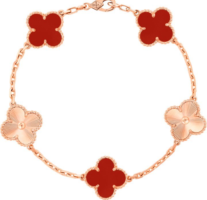 Alhambra 5-motif bracelet. Rose gold, guilloché rose gold, carnelian