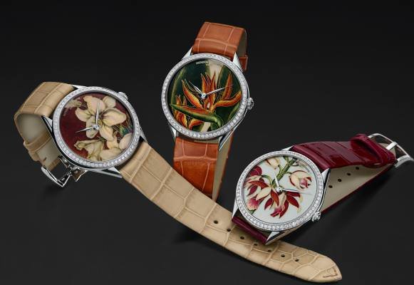 Vacheron Constantin, Métiers d'Art Florilège watches: 37-mm 18K white gold case; enamelled dial; diamond-set bezel; 4400 calibre movement; alligator bracelets; limited edition of 20 pieces.
