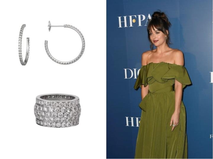 Dakota Johnson wearing Étincellede Cartier earrings, medium model, 18k white gold, diamonds Étincelle de Cartier ring, 18k white gold, diamonds