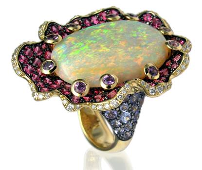 Stanislav Drokin - Ring in yellow gold 750, Australian crystal opal, red spinels, purple spinels, tanzanites, diamonds. Produced in a single copy.