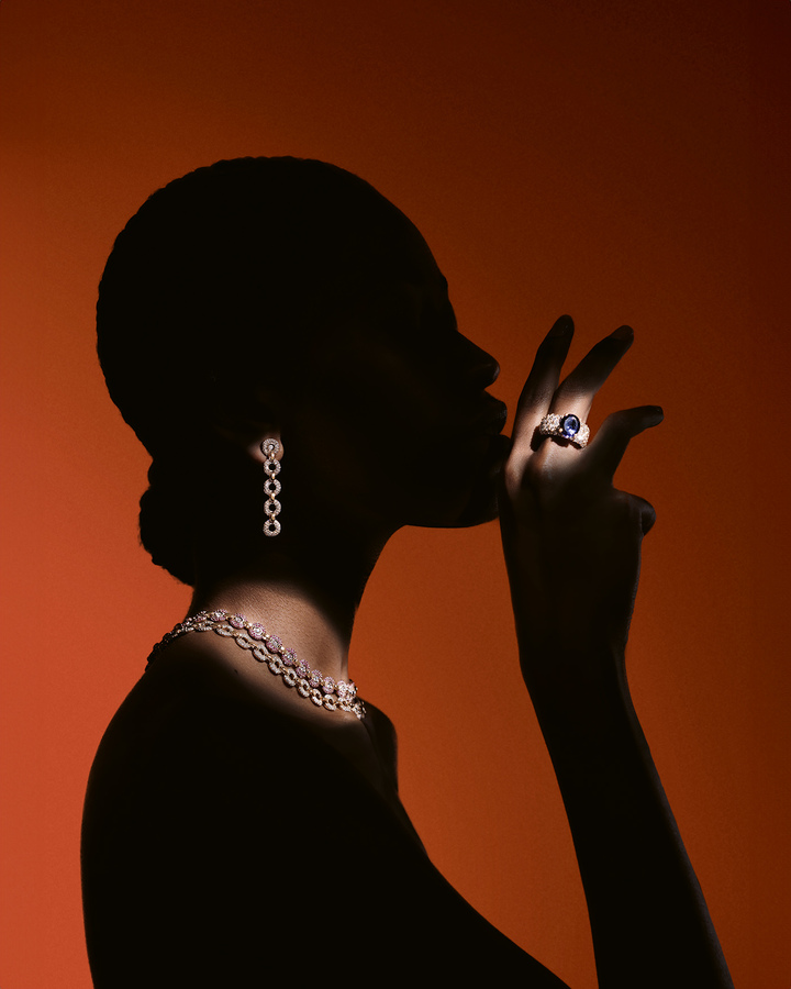  The Ghost collection is formed from a circle inside a square. Shown here, Baby Ghost necklaces and earrings, Star Ghost ring